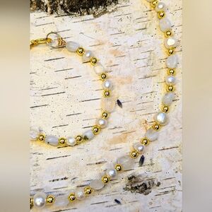 Natural White Moonstone & Baroque Pearls  Dainty Gold Plated Necklace & Bracelet
